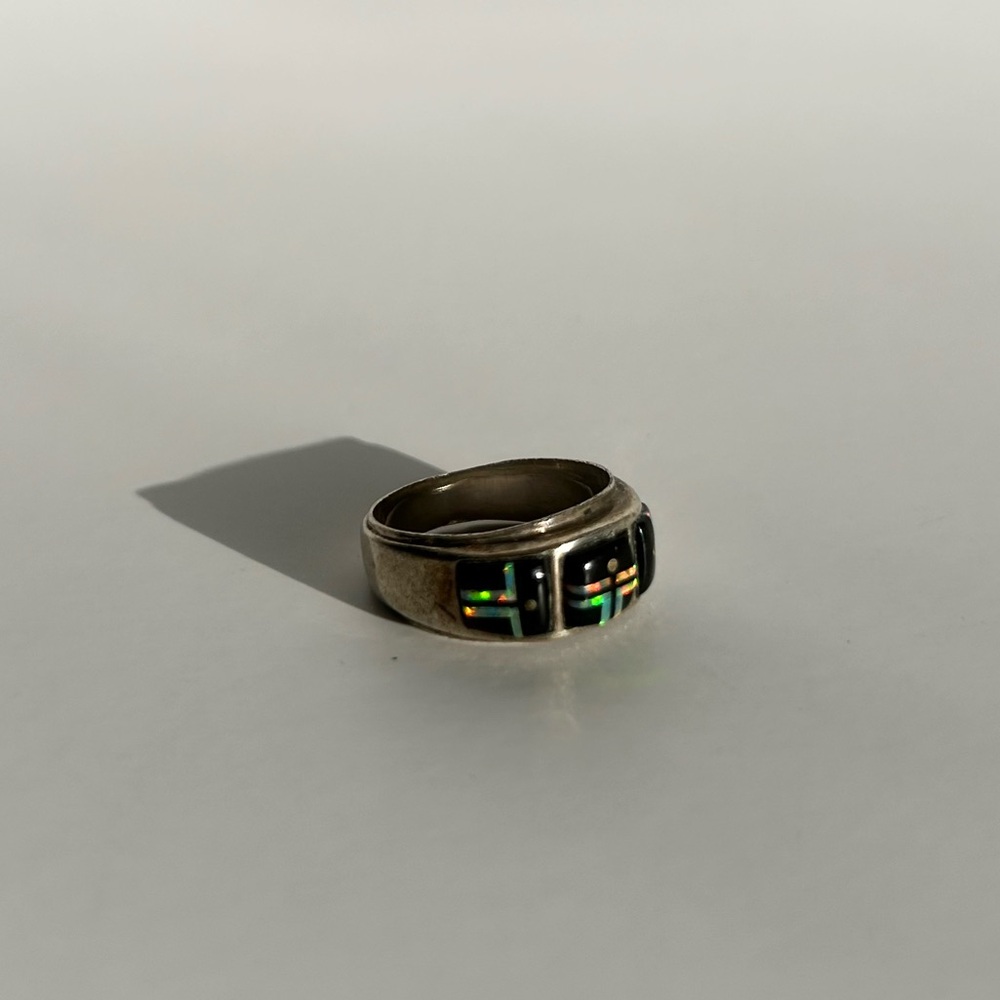 Sterling Silver Ring with Black Onyx and Opal Inlay